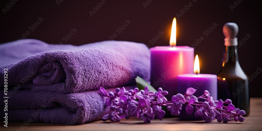 Zen spa arrangement of purple rolled towels, and purple flowers and lit candles. Purple spa arrangement, beauty and relaxation concepts. Zen spa arrangement of purple rolled towels, and purple flowers and lit candles. Purple spa arrangement, beauty and relaxation concepts.
