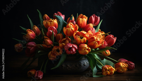 A vibrant bouquet of multi colored tulips brings springtime freshness generated by AI