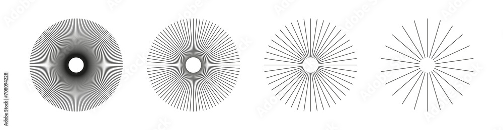 Radial circle lines. Symbol of Sun star rays. Spokes with radiating stripes grid. Set of circular lines elements. Flat design element. Abstract illusion geometric shape. Vector graphic illustration. - obrazy, fototapety, plakaty 