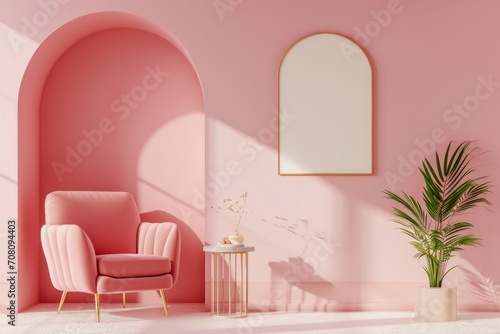 Modern Pink Living Room Interior with Arch and Poster. Stylish Home Design with Copy Space and 3D Furniture. Cozy Lounge with Sofa  Armchair  and Lamp.
