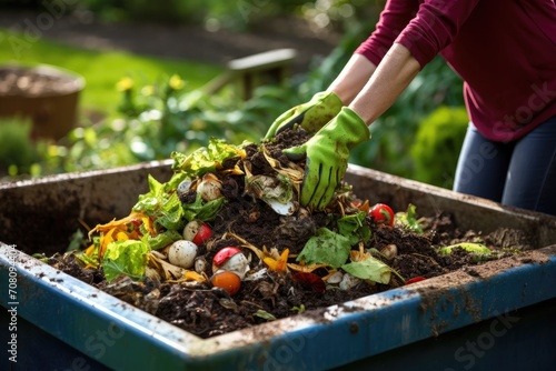 A person wearing gloves is composting food waste in a backyard. A person using a garden compost bin. Food waste recycling concept. 