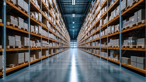 Modern Industrial Warehouse Interior with Rows of Goods Boxes on Shelves