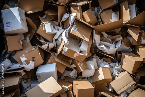A pile of empty carton boxes. Mess, carton waste pollution, excessive production, residues, environmental problems, garbage for recycling, recyclable materials. photo
