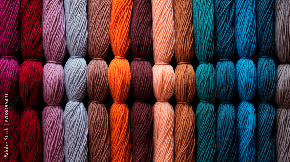 Imagen con madejas de lana de vivos colores para usarlo como fondo - obrazy, fototapety, plakaty 