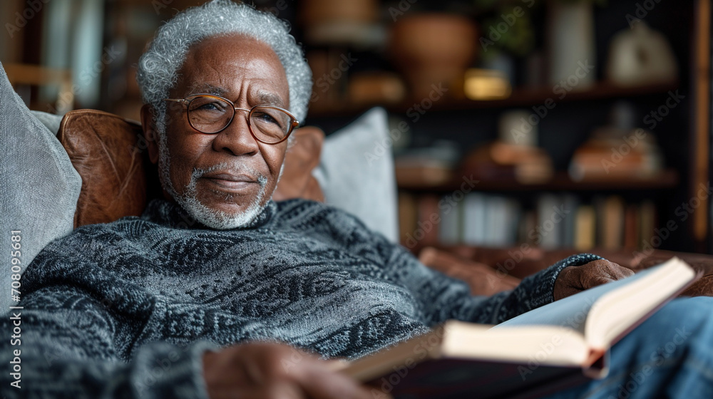 Senior man reading a book on a sofa with a cozy blanket Senior man reading a book on a sofa with a cozy blanket