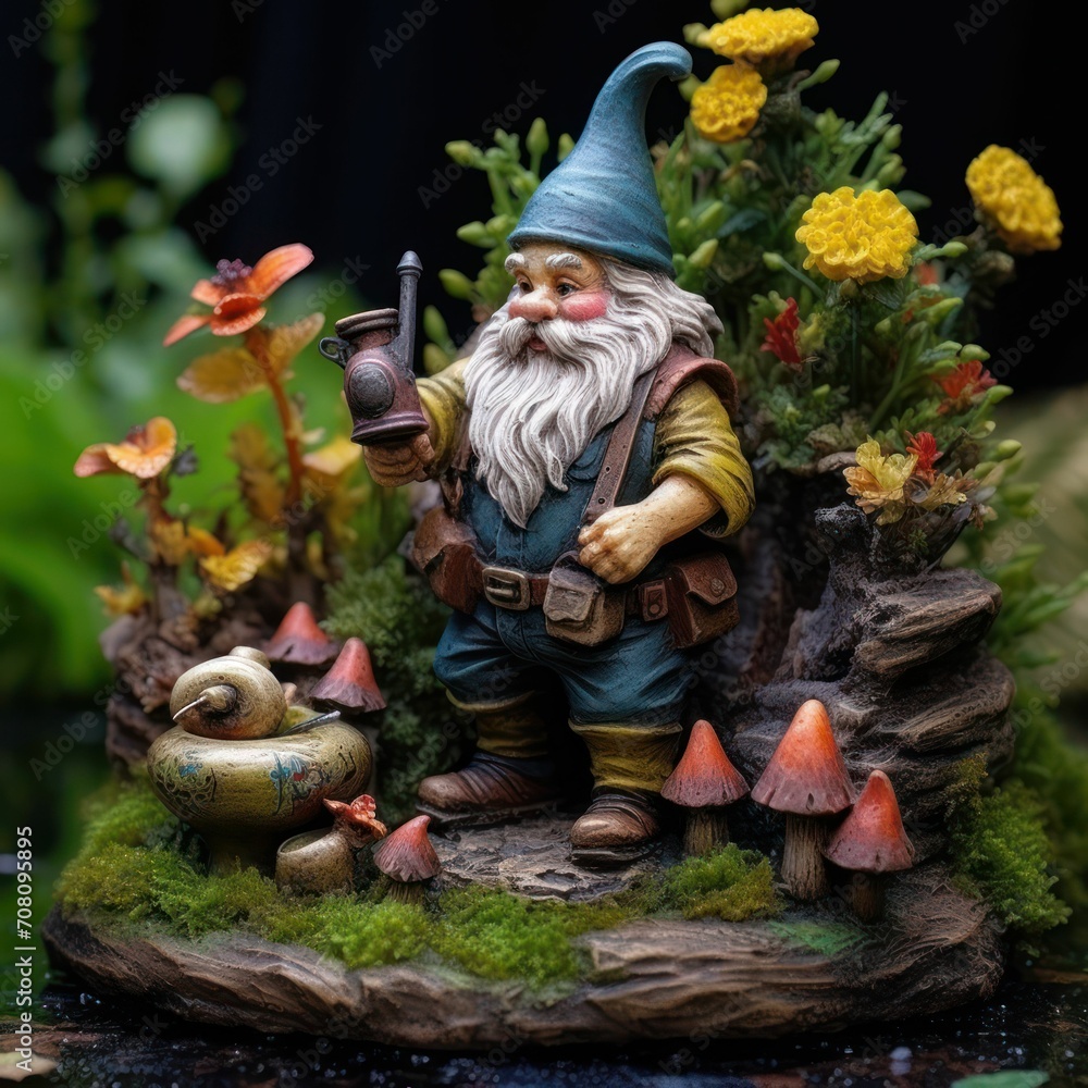 garden fountain and garden gnome and animals