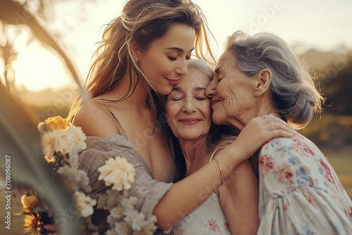 Three Generations Women Family Embrace. A heartfelt portrait of three generations of women - a young woman, her mother and grandmother - sharing a tender embrace outdoors at sunset. Horizontal photo
