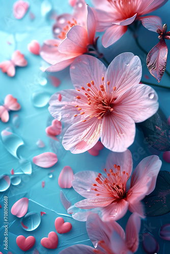 Ethereal Cherry Blossoms with Hearts Background. Delicate cherry blossoms in soft pink tones complemented by hearts on a cool blue textured background are perfect for spring or love designs with plent