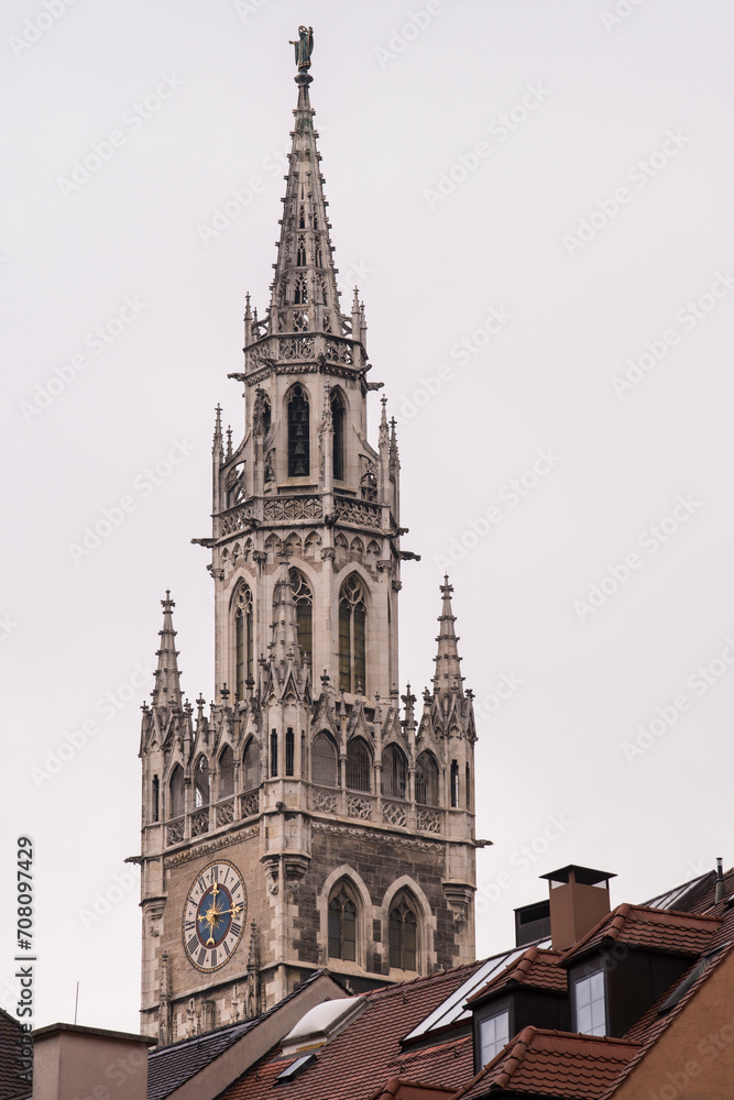 Munich, Germany - May 01, 2022: Church bell tower in the cultural center of Munich