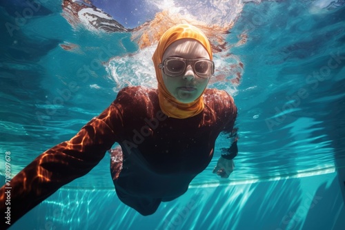 Arabian woman in burkini swims in the pool photo