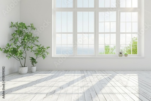 Scandinavian Interior Design Concept. 3D Illustration of a White Empty Room with Summer Landscape in Window