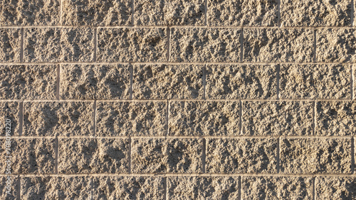 Close up view of a textured cinder block wall.