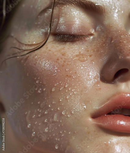 Portrait of beautiful natural woman with dewy wet skin photo