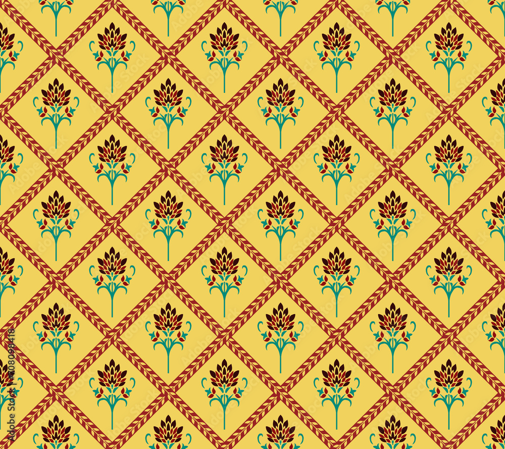 Beautiful Indonesian batik Pattern with a dominant yellow color background, Geometric pattern kaleidoscope, print for clothing and Textile, Allover prints