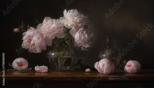 Fototapeta Naklejka Na Ścianę i Meble -  A rustic wood table holds a vase of pink peonies generated by AI