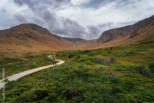 Tablelands in Gros Morne National Park, Canadian national park and World Heritage Site in Newfoundland. Area of exposed earth's mantle and peridotite rocks and iron rust. Boardwalk trail, male hiker.