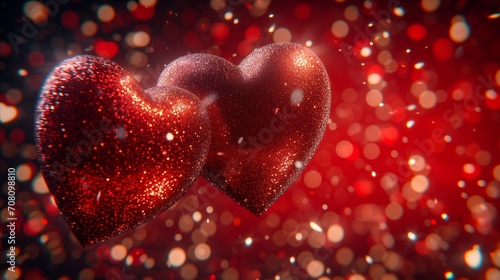 Two red hearts on a red background with bokeh lights.