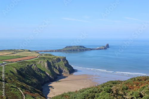 Worms Head and Rhossili beach in Wales	 photo