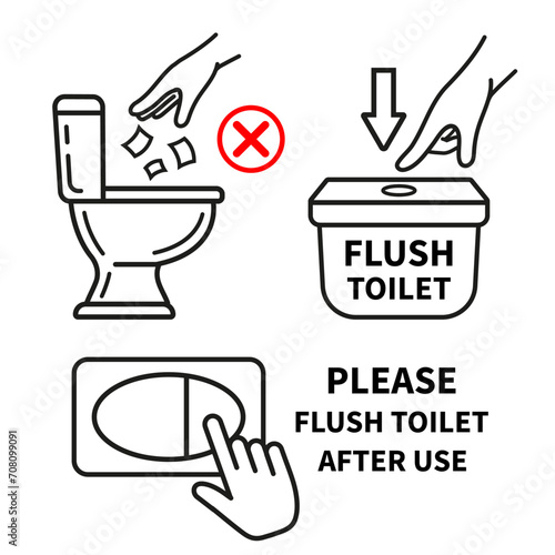Flush water in toilet after use, do not throw trash paper in restroom bowl line icon set. Hand press button lavatory pan tank. Sanitary wash cleaning public WC closet. No litter. Warning sign. Vector