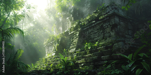 ancient and overgrown mayan temple ruins in the jungle  lost place in the amazon rainforest