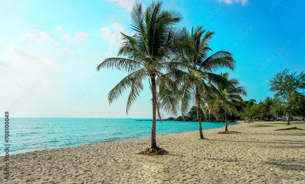 Obraz premium Beach in Sihanoukville. Palm trees and blue sea