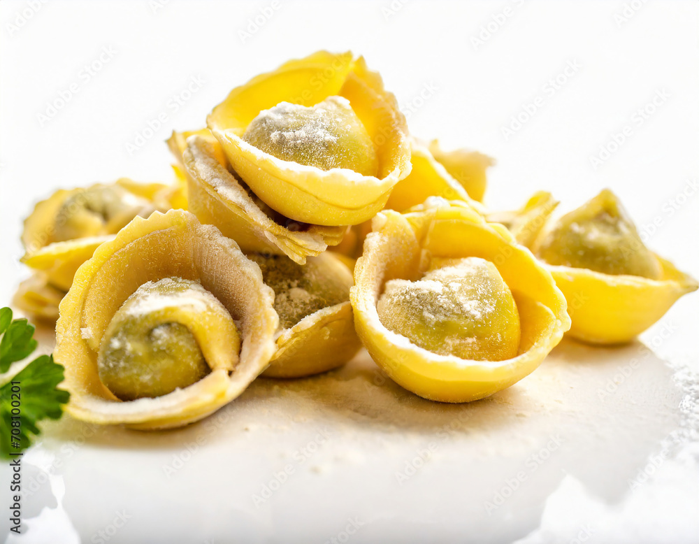 Tortellini Italian pasta isolated on a white background, close-up.