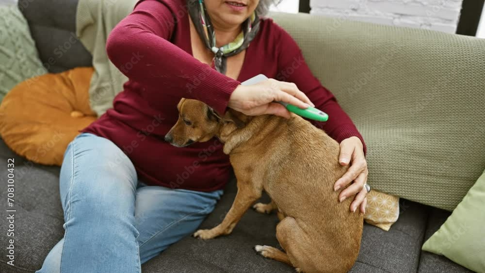 A woman grooming her dog on a couch in a cozy living room A woman grooming her dog on a couch in a cozy living room