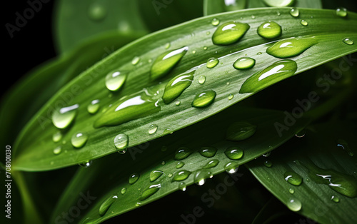 Close-up view of vibrant green leaves with fresh water droplets, highlighting the beauty and simplicity of nature with a focus on texture and light