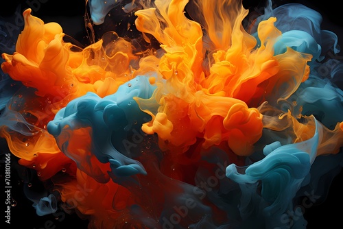 Fiery orange and electric blue liquids merging in a burst of explosive energy, crafting a visually striking abstract composition captured flawlessly by an HD camera