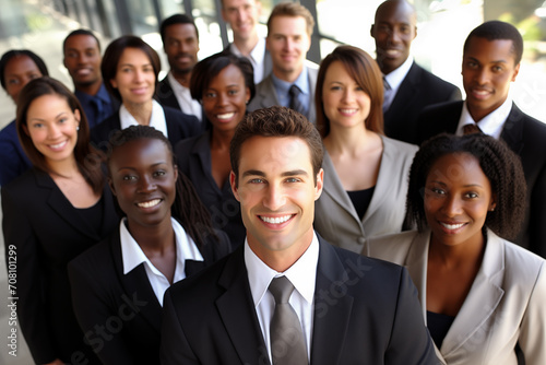 Portrait of a group of smiling business people standing in a row. Diverse ethnicities concept.