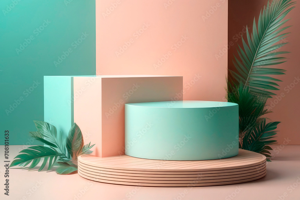 Empty wood podium for product advertisement with green and rose gold leaves. Empty wood podium for product advertisement with green and rose gold leaves.