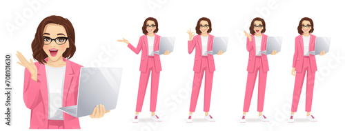 Elegant beautiful business woman in trendy pink suit holding laptop computer standing different posing isolated vector illustration