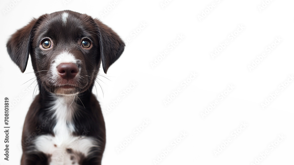 Close up of a cute baby dog puppy isolated on a white background, concept for pet and animal rights, shallow depth of field, copy space, horizontal banner 16:9 Close up of a cute baby dog puppy isolated on a white background, concept for pet and animal rights, shallow depth of field, copy space, horizontal banner 16:9