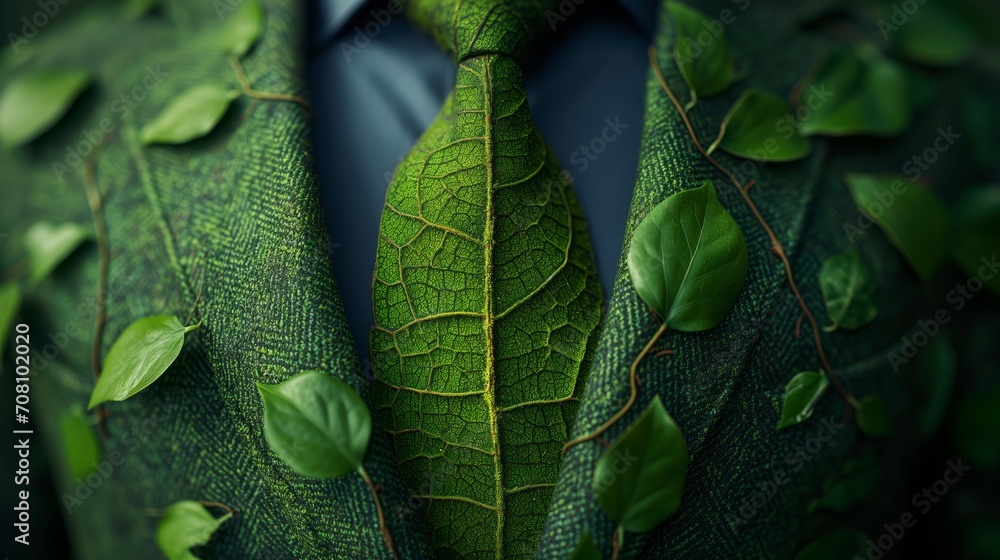 Businessman suit wears a tie made of green leaves,  environmental consciousness sustainability Ideal for eco-conscious and sustainable business themes environment ,analysis, investment, green business - obrazy, fototapety, plakaty 