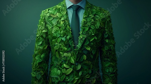 Businessman suit wears a tie made of green leaves,  environmental consciousness sustainability Ideal for eco-conscious and sustainable business themes environment ,analysis, investment, green business photo