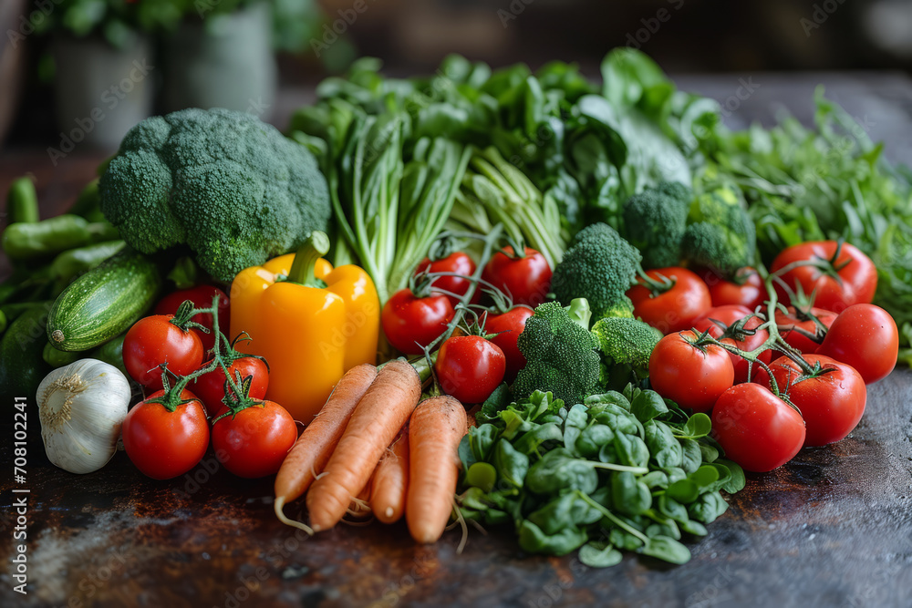 Assorted Fresh Vegetables Piled High on a Table. A vibrant selection of various vegetables arranged in abundance on a wooden table. Assorted Fresh Vegetables Piled High on a Table. A vibrant selection of various vegetables arranged in abundance on a wooden table.