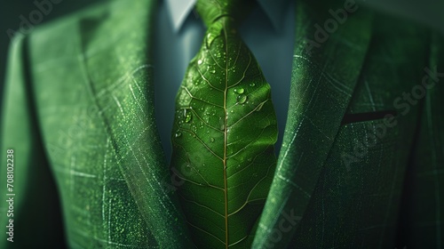 Businessman suit wears a tie made of green leaves,  environmental consciousness sustainability Ideal for eco-conscious and sustainable business themes environment ,analysis, investment, green business photo