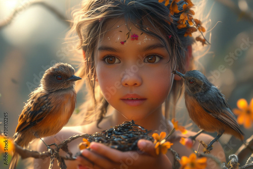 Young Girl Holds Bird in Her Hands. Close-Up Nature Image of Child With Bird #708102265