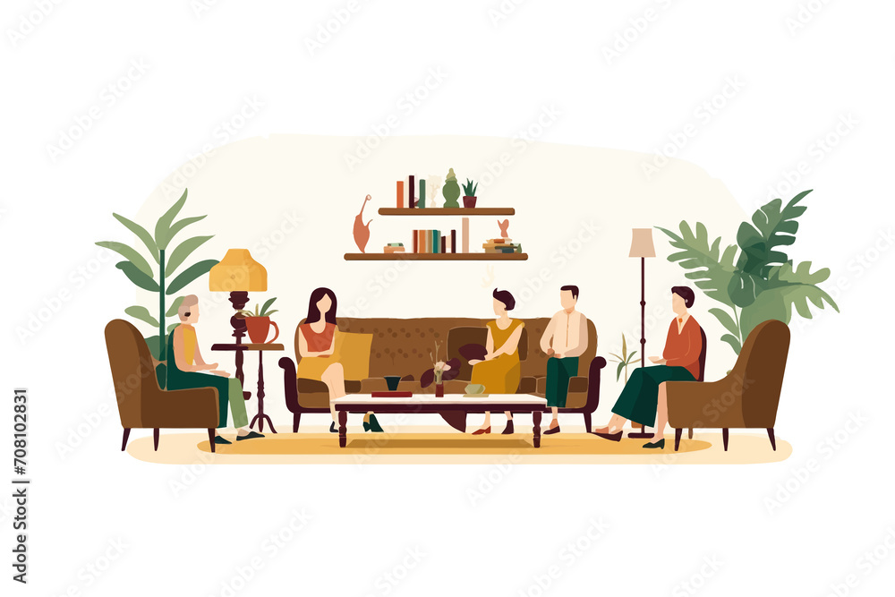 Family Gathering in Retro Living Room isolated vector style illustration
