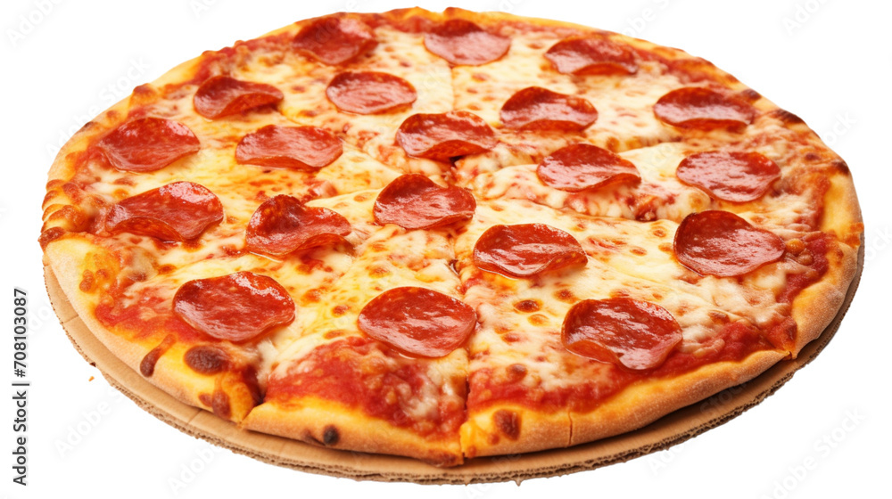  a perfectly baked Pepperoni Pizza showcasing golden crust and oozing cheese, isolated on a pristine white background
