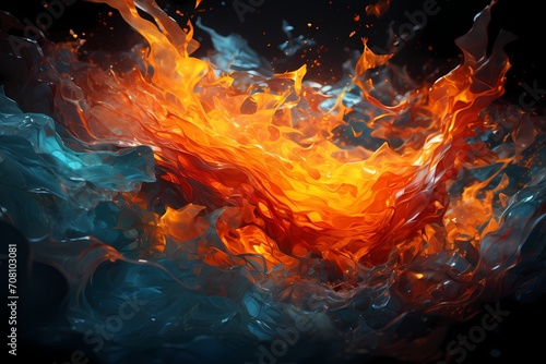 Fiery red and icy cyan liquids clash in a dramatic explosion, creating an intense abstract display. HD camera captures the vibrant colors and dynamic patterns with remarkable clarity