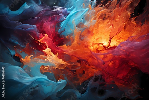 Fiery red and icy cyan liquids clash in a dramatic explosion  creating an intense abstract display. HD camera captures the vibrant colors and dynamic patterns with remarkable clarity