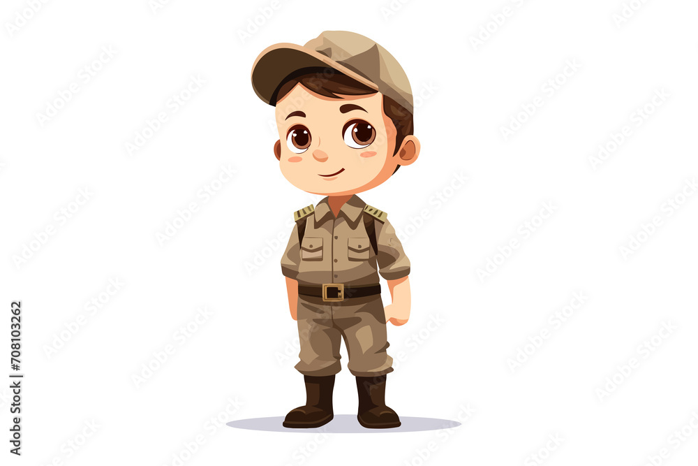 Kid wearing military uniform isolated vector style illustration