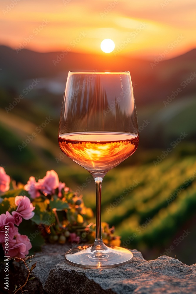 glass of wine at sunset. Generative ai
