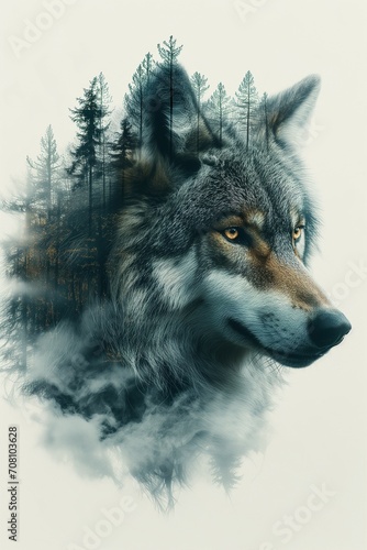 Mystical Fusion: Double Exposure Wolf and Enchanted Forest. Generative ai