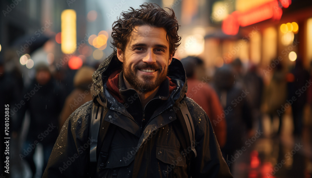 A smiling man walking in the winter night, looking confident generated by AI A smiling man walking in the winter night, looking confident generated by AI