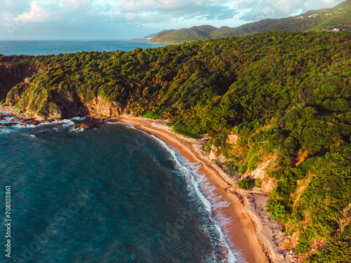 Puerto rico hidden beach aerial shot in the morning from "playa teresa" in the east side