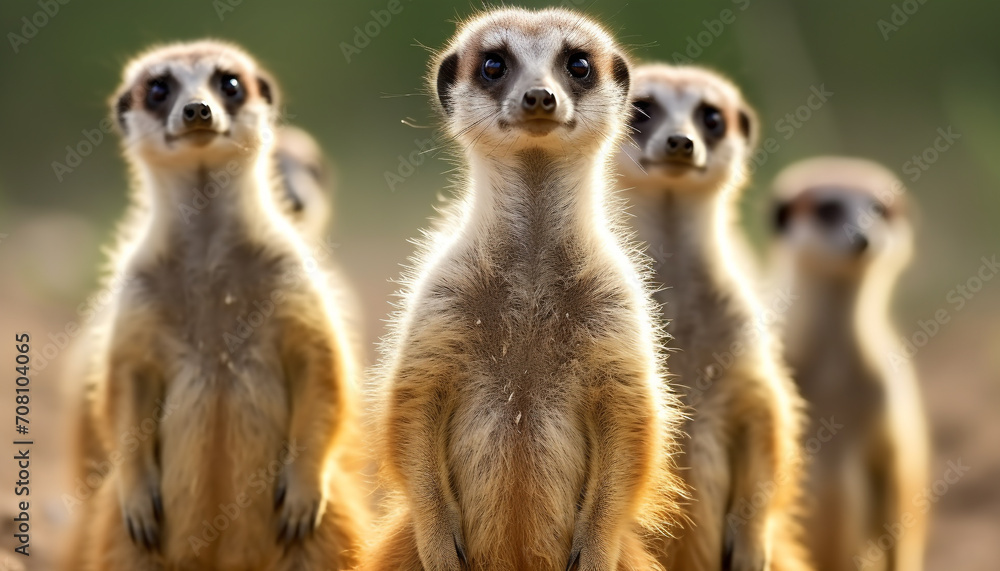 Cute meerkats sitting in a row, watching outdoors generated by AI Cute meerkats sitting in a row, watching outdoors generated by AI