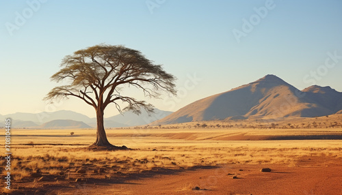 Arid landscape, sand dunes, tree, sunset, Africa generated by AI