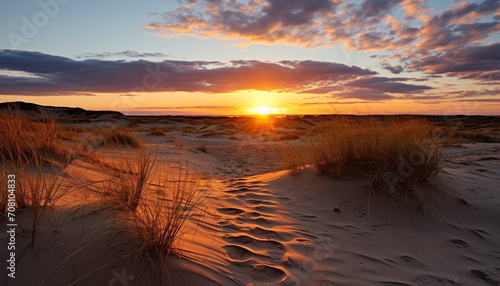 Sunset over sand dunes, nature tranquil scene generated by AI
